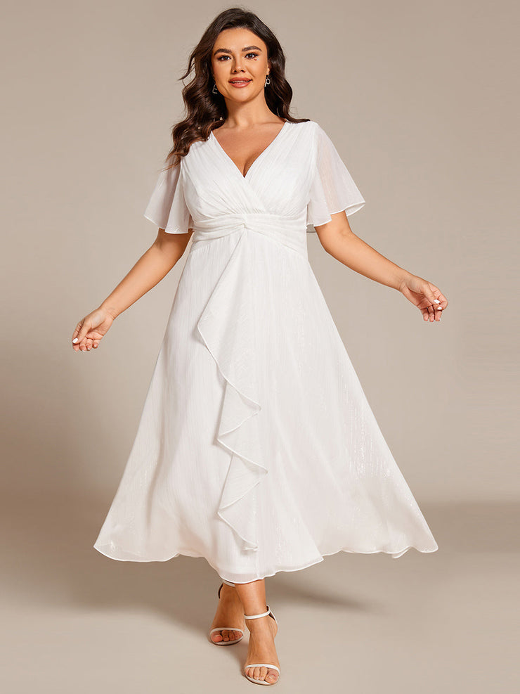 Plus Size Glitter Short Sleeve A-Line Midi Wedding Guest Dress with Ruffled Hem