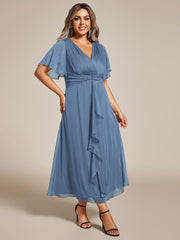 Plus Size Glitter Short Sleeve A-Line Midi Wedding Guest Dress with Ruffled Hem