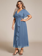 Plus Size Glitter Short Sleeve A-Line Midi Wedding Guest Dress with Ruffled Hem