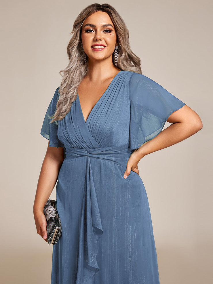 Plus Size Glitter Short Sleeve A-Line Midi Wedding Guest Dress with Ruffled Hem