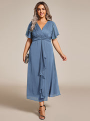 Plus Size Glitter Short Sleeve A-Line Midi Wedding Guest Dress with Ruffled Hem