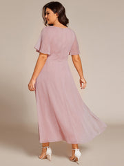 Plus Size Glitter Short Sleeve A-Line Midi Wedding Guest Dress with Ruffled Hem