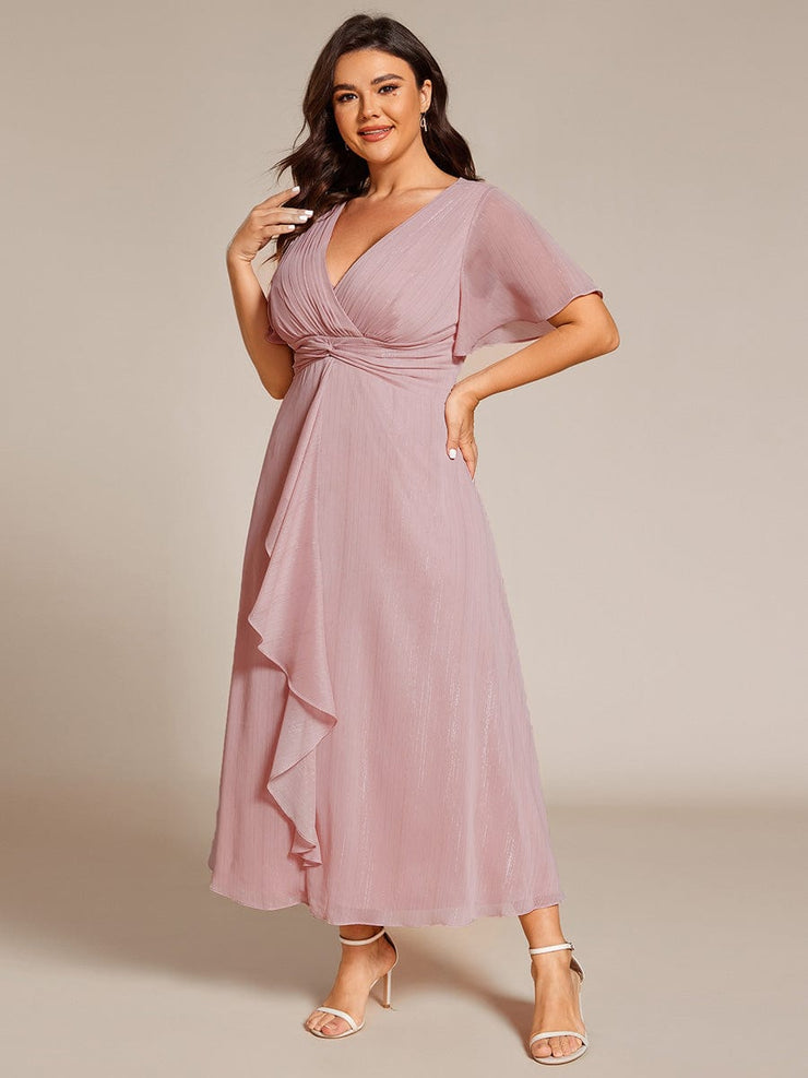 Plus Size Glitter Short Sleeve A-Line Midi Wedding Guest Dress with Ruffled Hem