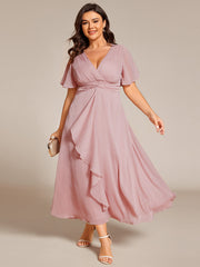 Plus Size Glitter Short Sleeve A-Line Midi Wedding Guest Dress with Ruffled Hem