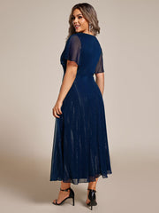 Plus Size Glitter Short Sleeve A-Line Midi Wedding Guest Dress with Ruffled Hem