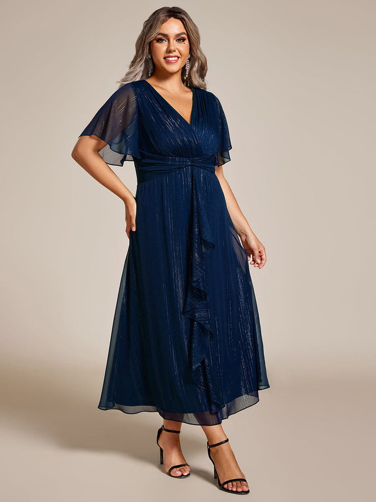 Plus Size Glitter Short Sleeve A-Line Midi Wedding Guest Dress with Ruffled Hem