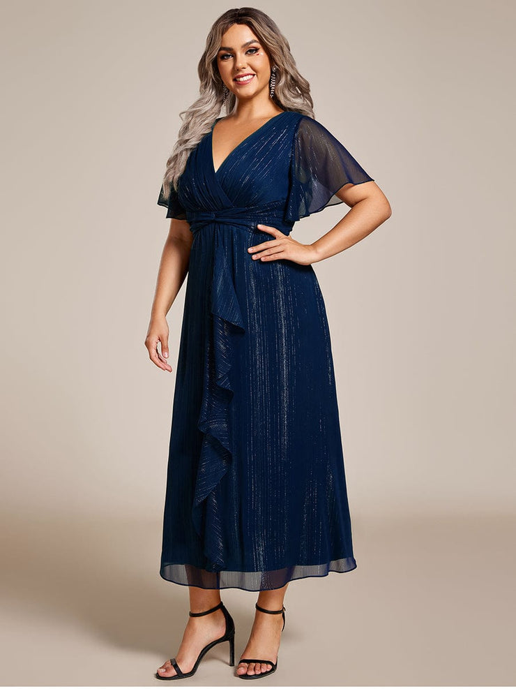 Plus Size Glitter Short Sleeve A-Line Midi Wedding Guest Dress with Ruffled Hem