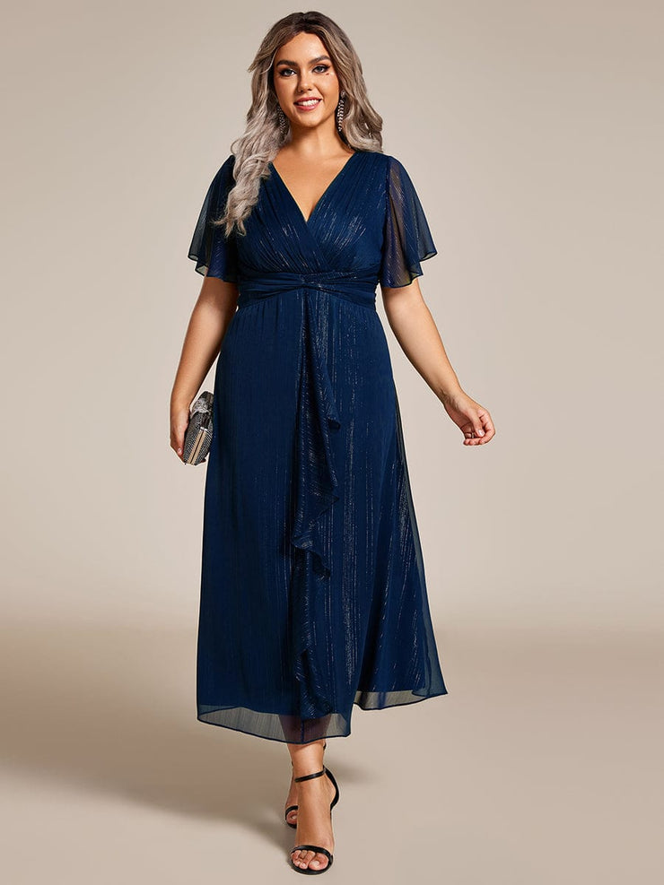 Plus Size Glitter Short Sleeve A-Line Midi Wedding Guest Dress with Ruffled Hem