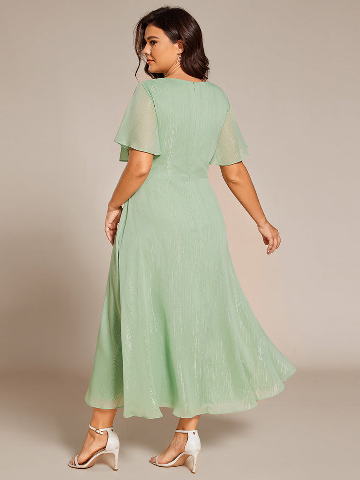 Plus Size Glitter Short Sleeve A-Line Midi Wedding Guest Dress with Ruffled Hem