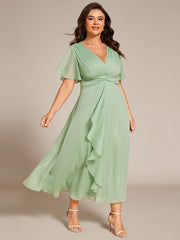 Plus Size Glitter Short Sleeve A-Line Midi Wedding Guest Dress with Ruffled Hem