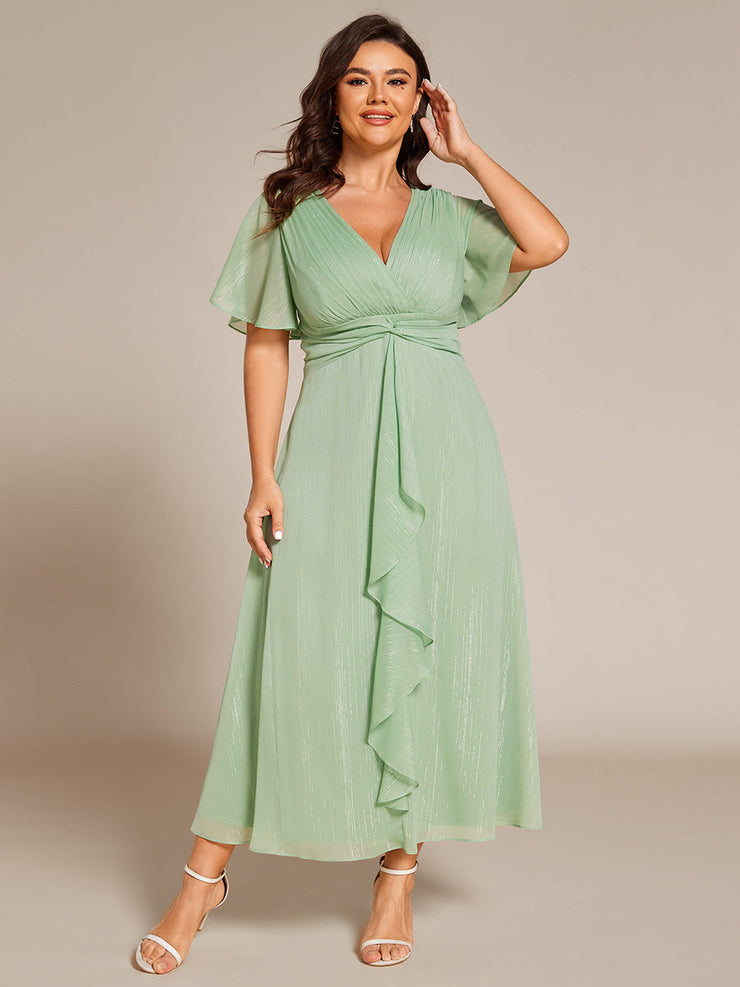 Plus Size Glitter Short Sleeve A-Line Midi Wedding Guest Dress with Ruffled Hem