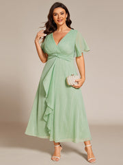 Plus Size Glitter Short Sleeve A-Line Midi Wedding Guest Dress with Ruffled Hem