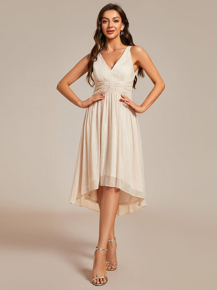 Glitter High-Low  Waist Pleated Sleeveless Wedding Guest Dress