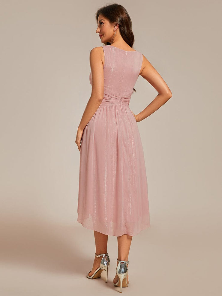 Glitter High-Low  Waist Pleated Sleeveless Wedding Guest Dress