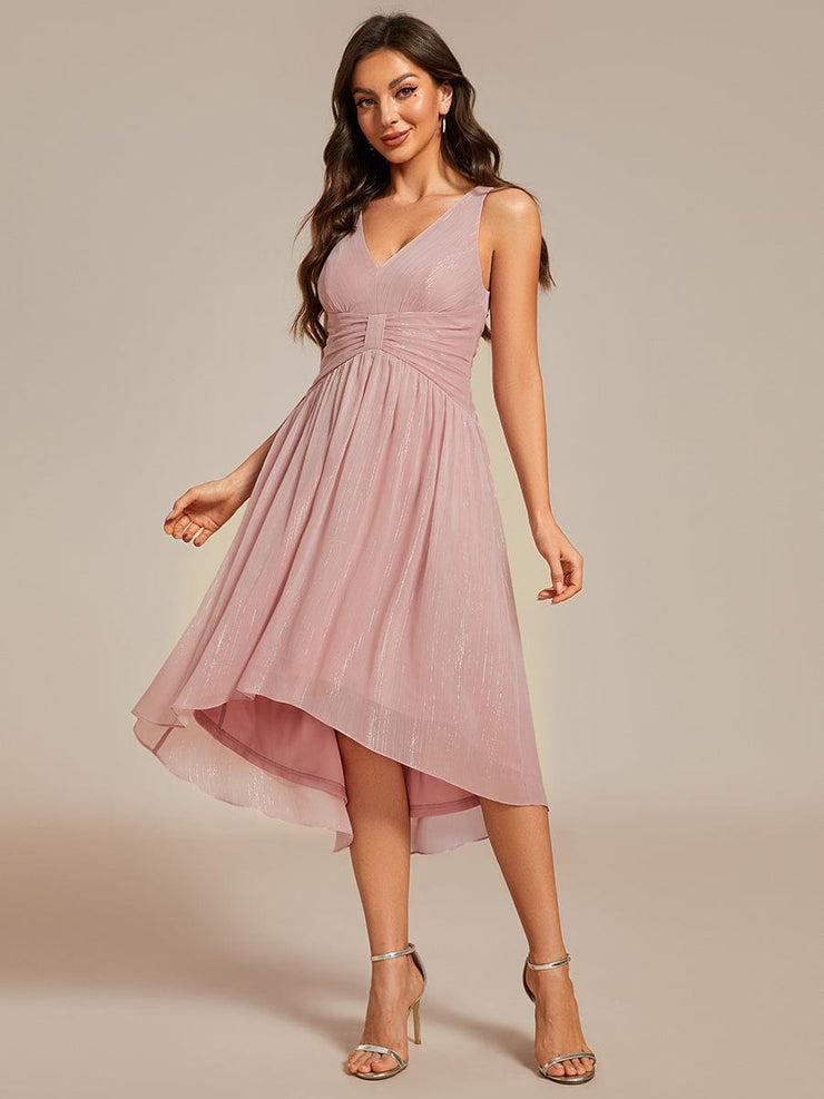 Glitter High-Low  Waist Pleated Sleeveless Wedding Guest Dress