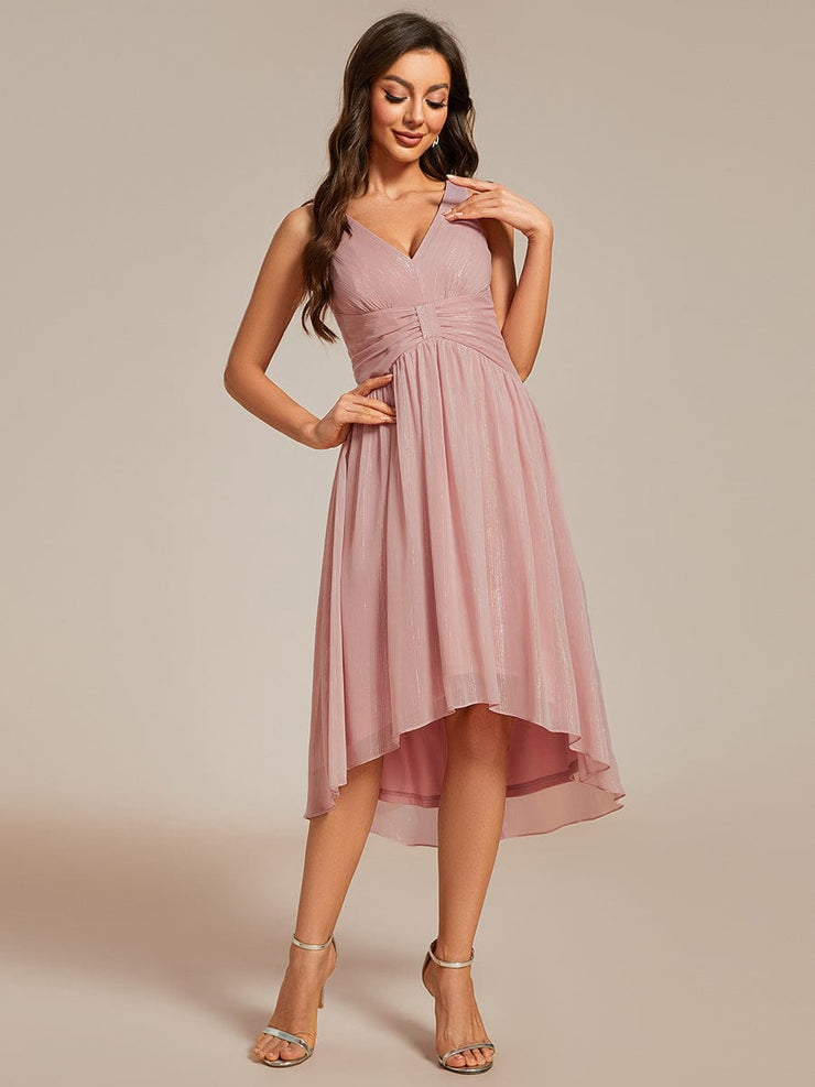 Glitter High-Low  Waist Pleated Sleeveless Wedding Guest Dress