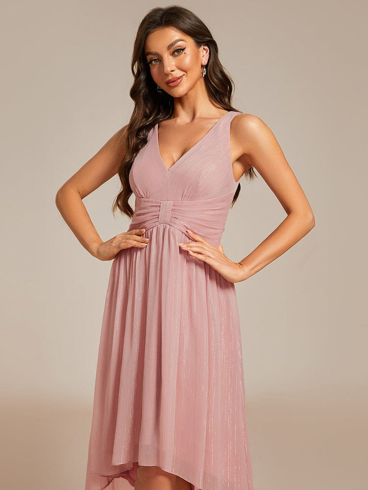 Glitter High-Low  Waist Pleated Sleeveless Wedding Guest Dress