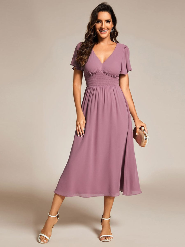 Midi V-Neck Empire Waist Ruffle Sleeves Wedding Guest Dress