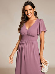 Midi V-Neck Empire Waist Ruffle Sleeves Wedding Guest Dress