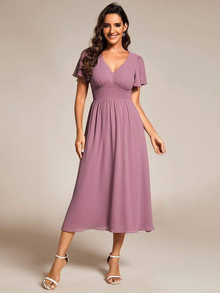 Midi V-Neck Empire Waist Ruffle Sleeves Wedding Guest Dress