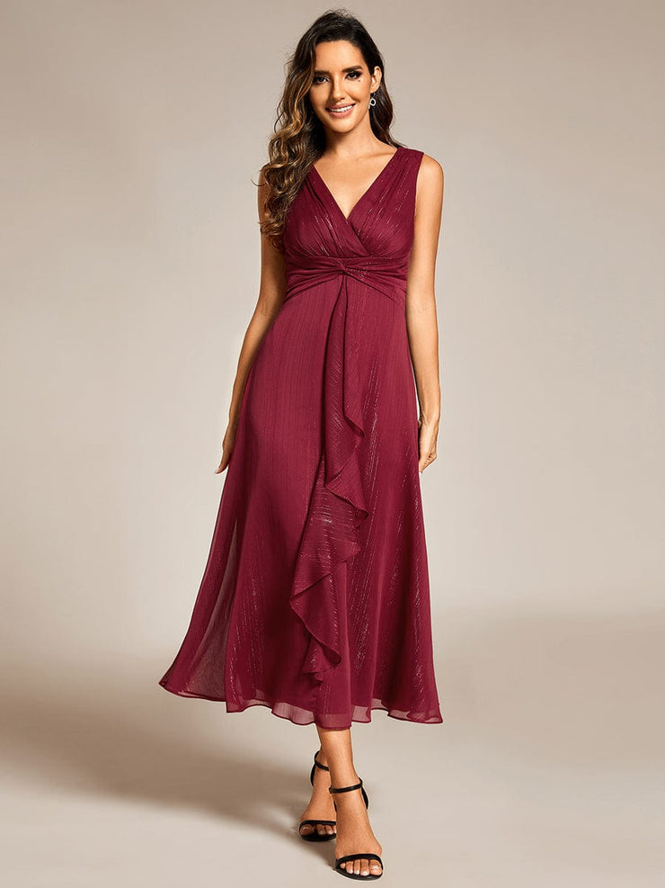 Sleeveless Twist Knot A-Line Lotus Leaf Shimmering Wedding Guest Dress