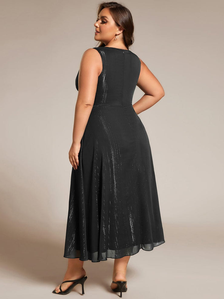 Plus Size Sleeveless Twist Knot Lotus Leaf Shimmering Wedding Guest Dress