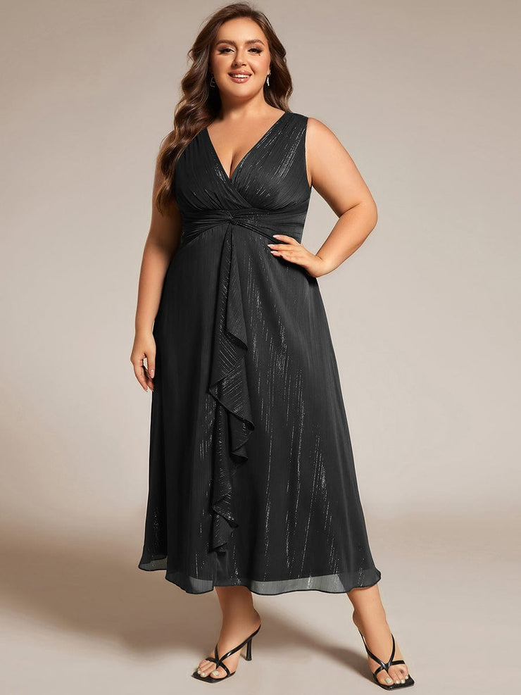 Plus Size Sleeveless Twist Knot Lotus Leaf Shimmering Wedding Guest Dress