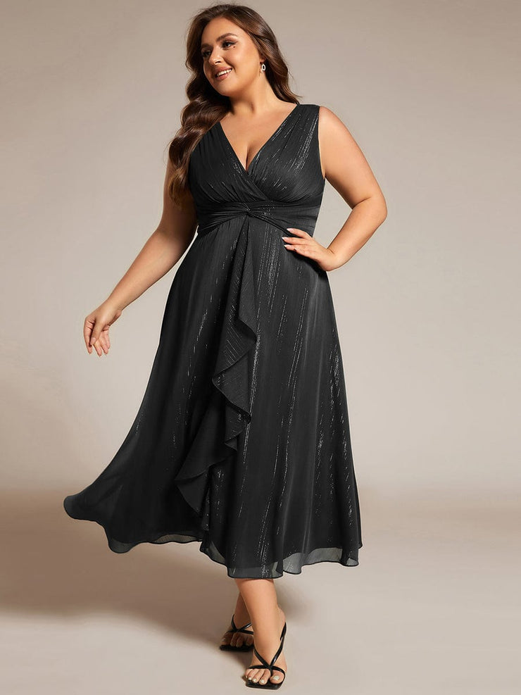 Plus Size Sleeveless Twist Knot Lotus Leaf Shimmering Wedding Guest Dress