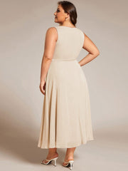 Plus Size Sleeveless Twist Knot Lotus Leaf Shimmering Wedding Guest Dress