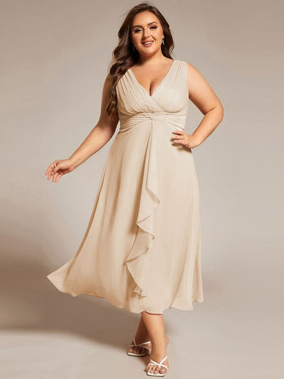 Plus Size Sleeveless Twist Knot Lotus Leaf Shimmering Wedding Guest Dress