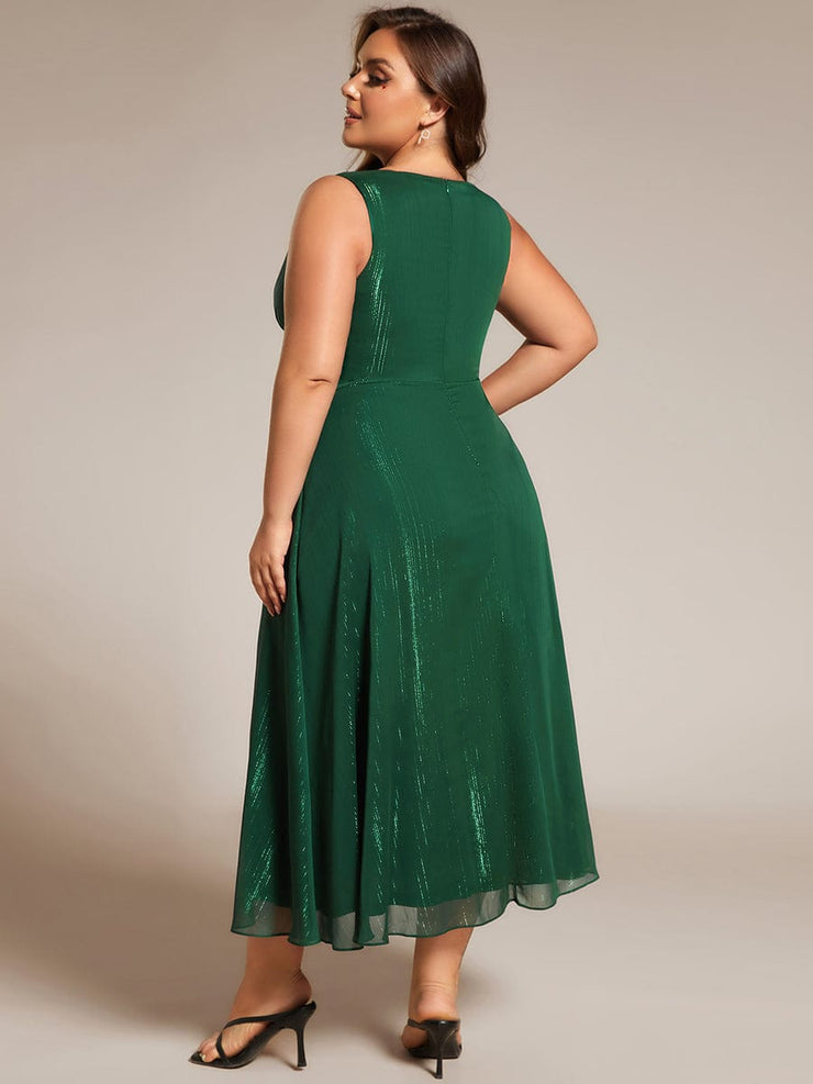 Plus Size Sleeveless Twist Knot Lotus Leaf Shimmering Wedding Guest Dress