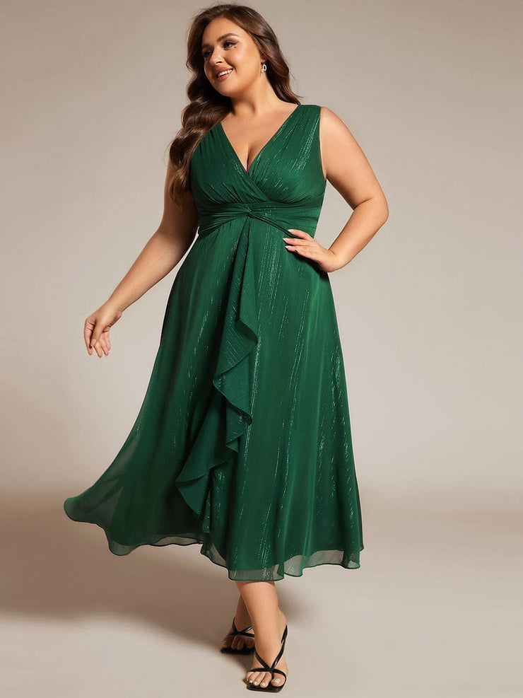 Plus Size Sleeveless Twist Knot Lotus Leaf Shimmering Wedding Guest Dress