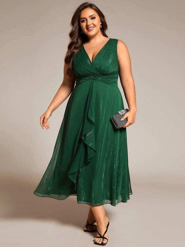 Plus Size Sleeveless Twist Knot Lotus Leaf Shimmering Wedding Guest Dress