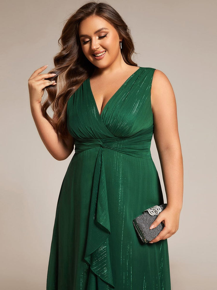 Plus Size Sleeveless Twist Knot Lotus Leaf Shimmering Wedding Guest Dress