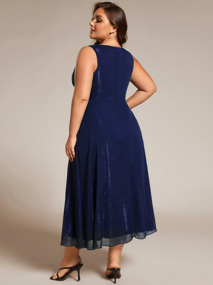 Plus Size Sleeveless Twist Knot Lotus Leaf Shimmering Wedding Guest Dress