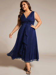 Plus Size Sleeveless Twist Knot Lotus Leaf Shimmering Wedding Guest Dress