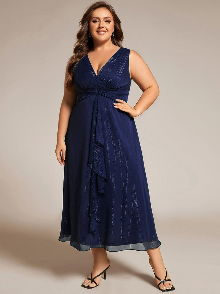 Plus Size Sleeveless Twist Knot Lotus Leaf Shimmering Wedding Guest Dress