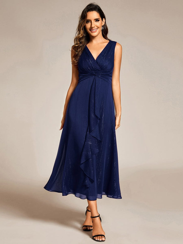 Sleeveless Twist Knot A-Line Lotus Leaf Shimmering Wedding Guest Dress