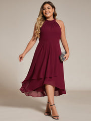 Plus Size Chiffon Sleeveless Halter Neck Midi Wedding Guest Dress