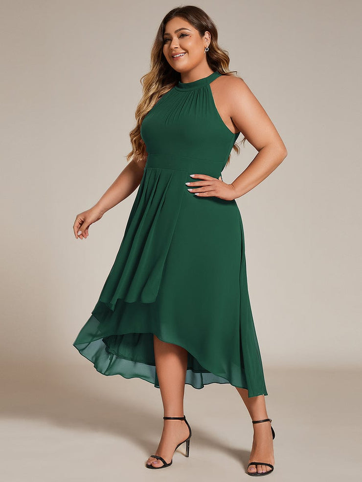 Plus Size Chiffon Sleeveless Halter Neck Midi Wedding Guest Dress