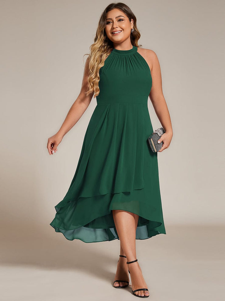 Plus Size Chiffon Sleeveless Halter Neck Midi Wedding Guest Dress