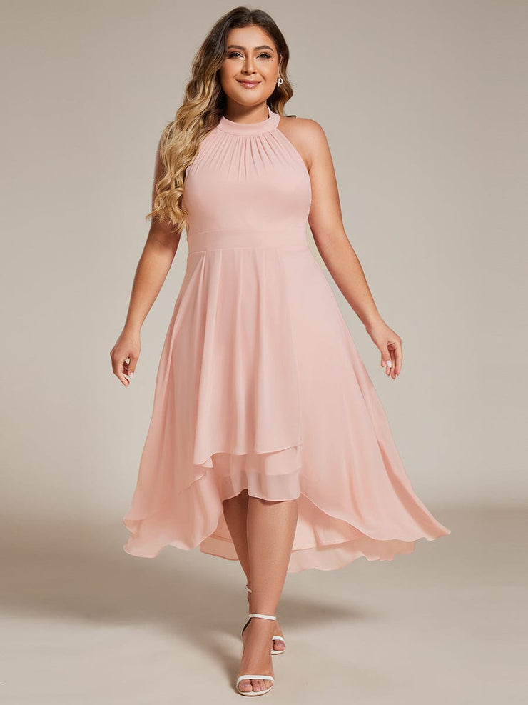 Plus Size Chiffon Sleeveless Halter Neck Midi Wedding Guest Dress