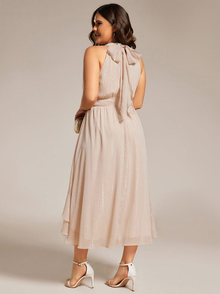 Shimmering Halter Neck Pleated High-Low Ruffle Wedding Guest Dress