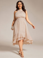 Shimmering Halter Neck Pleated High-Low Ruffle Wedding Guest Dress