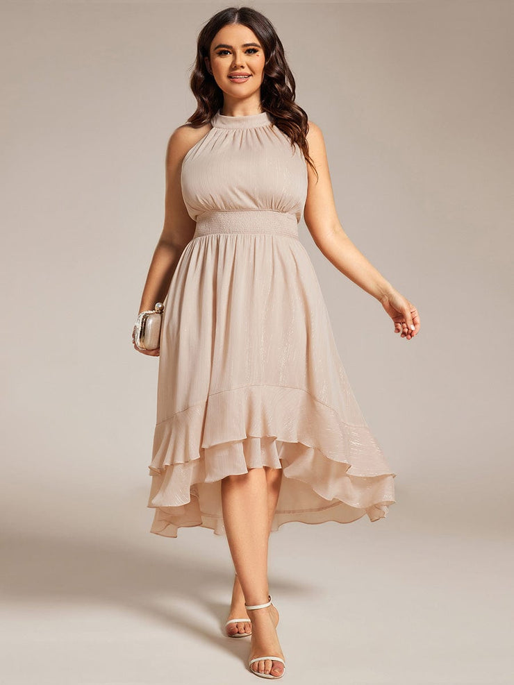 Shimmering Halter Neck Pleated High-Low Ruffle Wedding Guest Dress