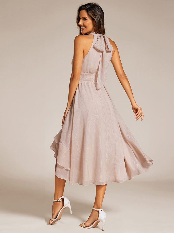 Shimmering Halter Neck Pleated High-Low Ruffle Wedding Guest Dress