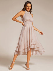 Shimmering Halter Neck Pleated High-Low Ruffle Wedding Guest Dress