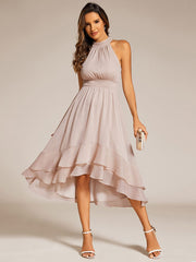 Shimmering Halter Neck Pleated High-Low Ruffle Wedding Guest Dress