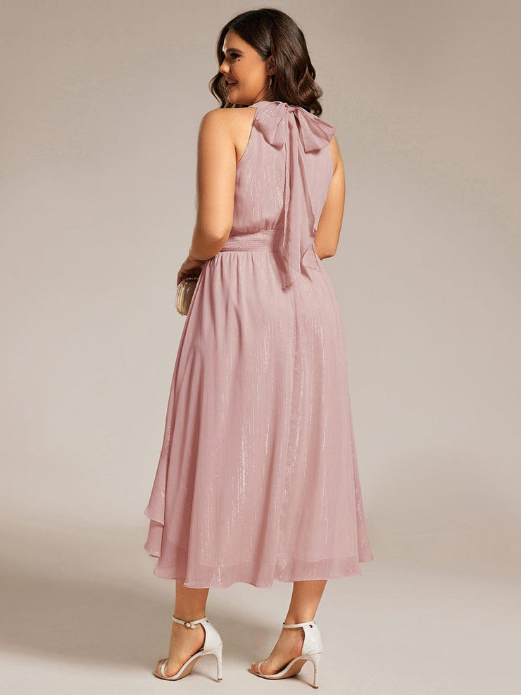 Shimmering Halter Neck Pleated High-Low Ruffle Wedding Guest Dress