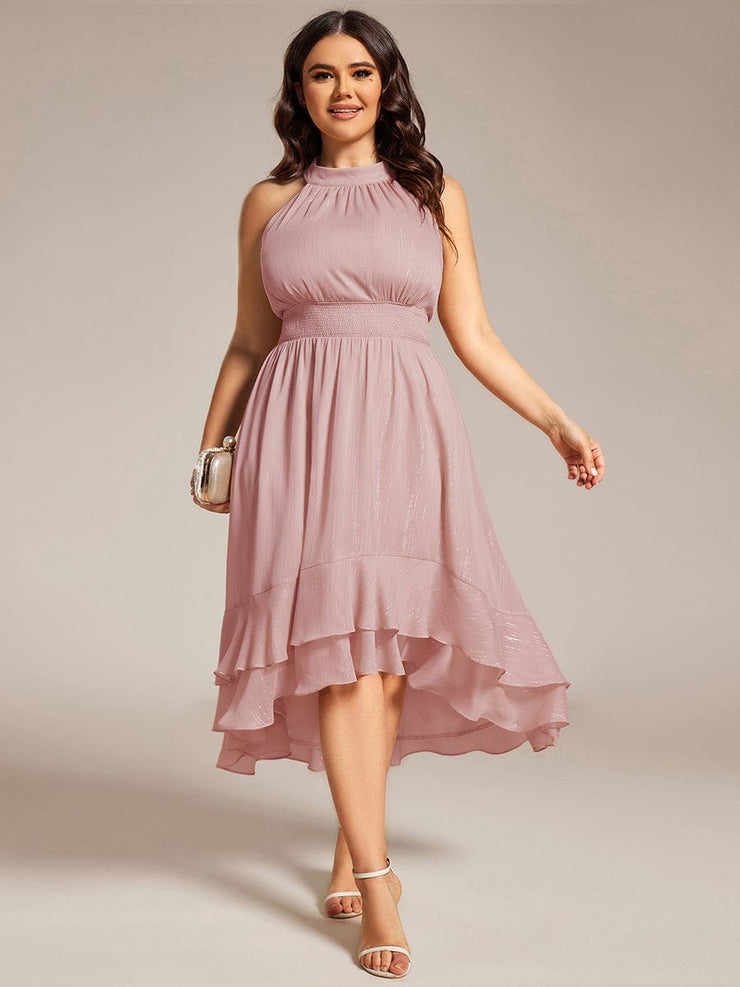 Shimmering Halter Neck Pleated High-Low Ruffle Wedding Guest Dress